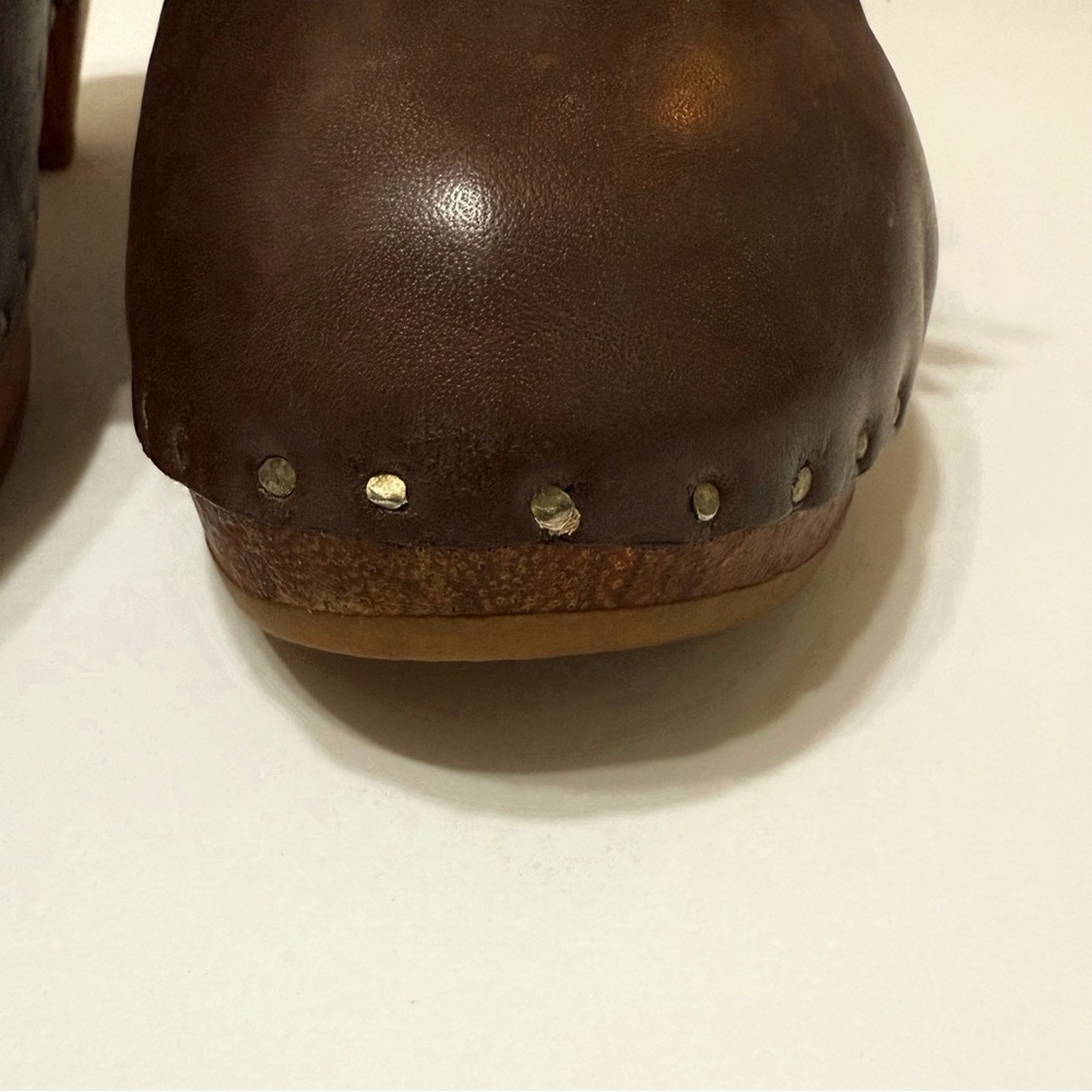 RACHEL COMEY BROWN LEATHER FRINGE WOOD HEEL CLOGS MULES - Picture 11 of 15